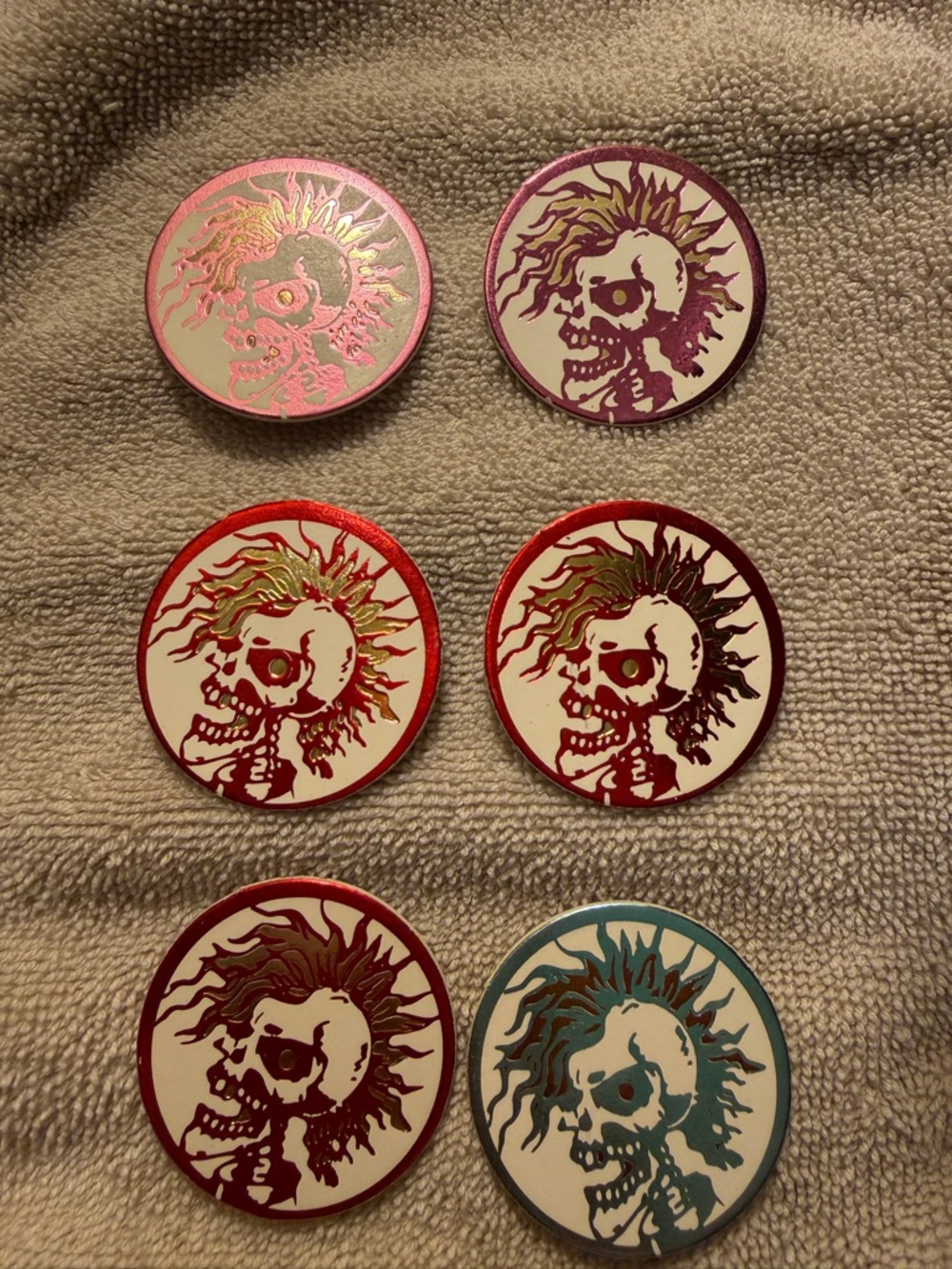 Vintage Cardboard POGS Set of 6 Skull Sun Designs in Red, Pink, Purple, Teal